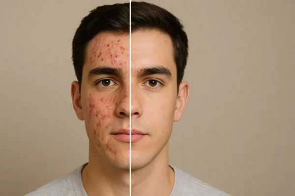 स्किन केयर - Before and after comparison of a young man’s face showing acne on one side and clear skin on the other, highlighting the effects of skincare treatment